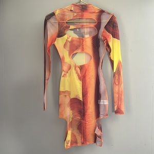 Prettylittlething | SHAPE ORANGE MIX PRINT SHEER MESH CUT OUT BODYCON DRESS